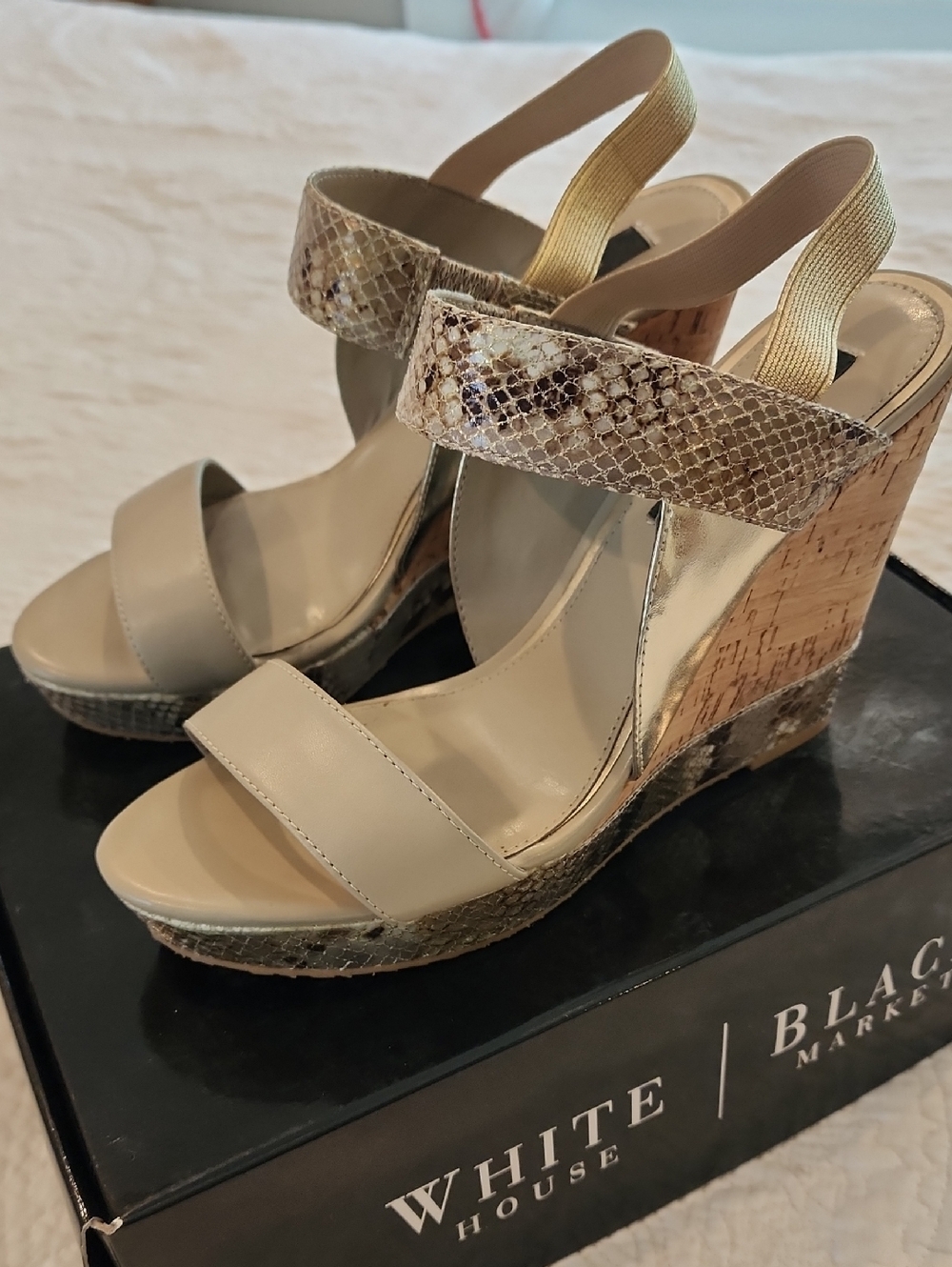 White House Black Market Beige & Gold Snake-Print Cork Wedge Sandals